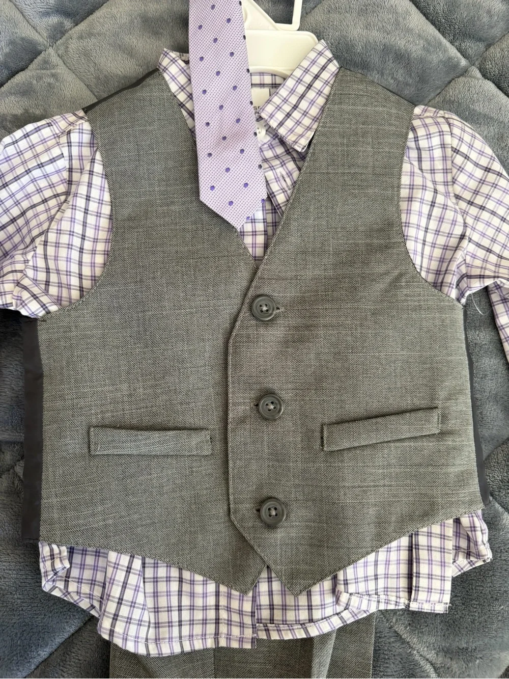 Van Heusen Lavender and White Plaid Collared Shirt with Gray Vest and Dress Pant